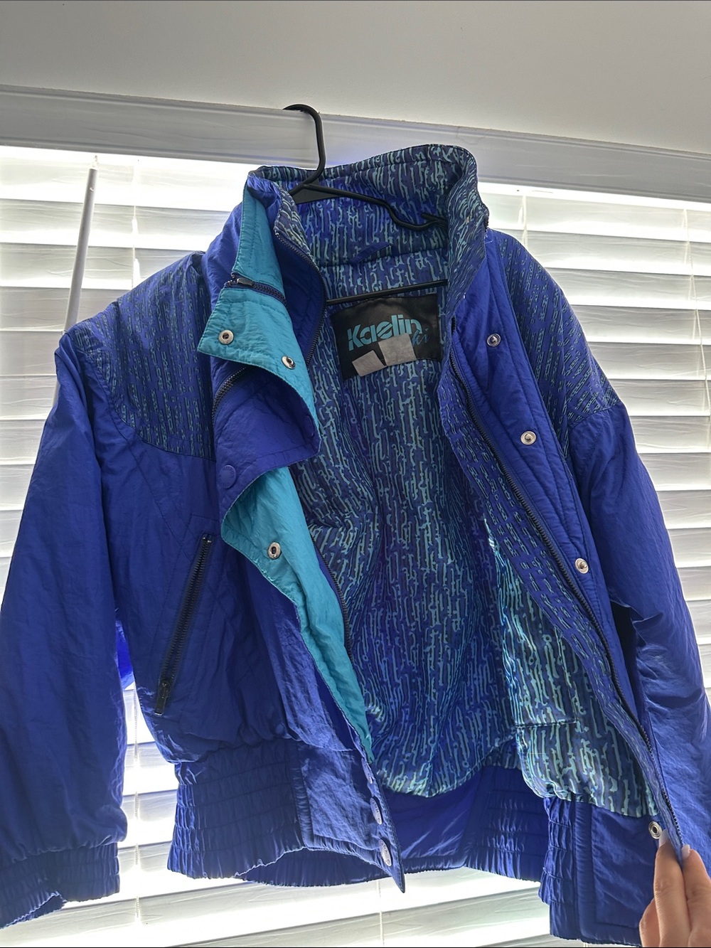 KASLIN Vintage Blue Puffer Jacket with Turquoise Lining